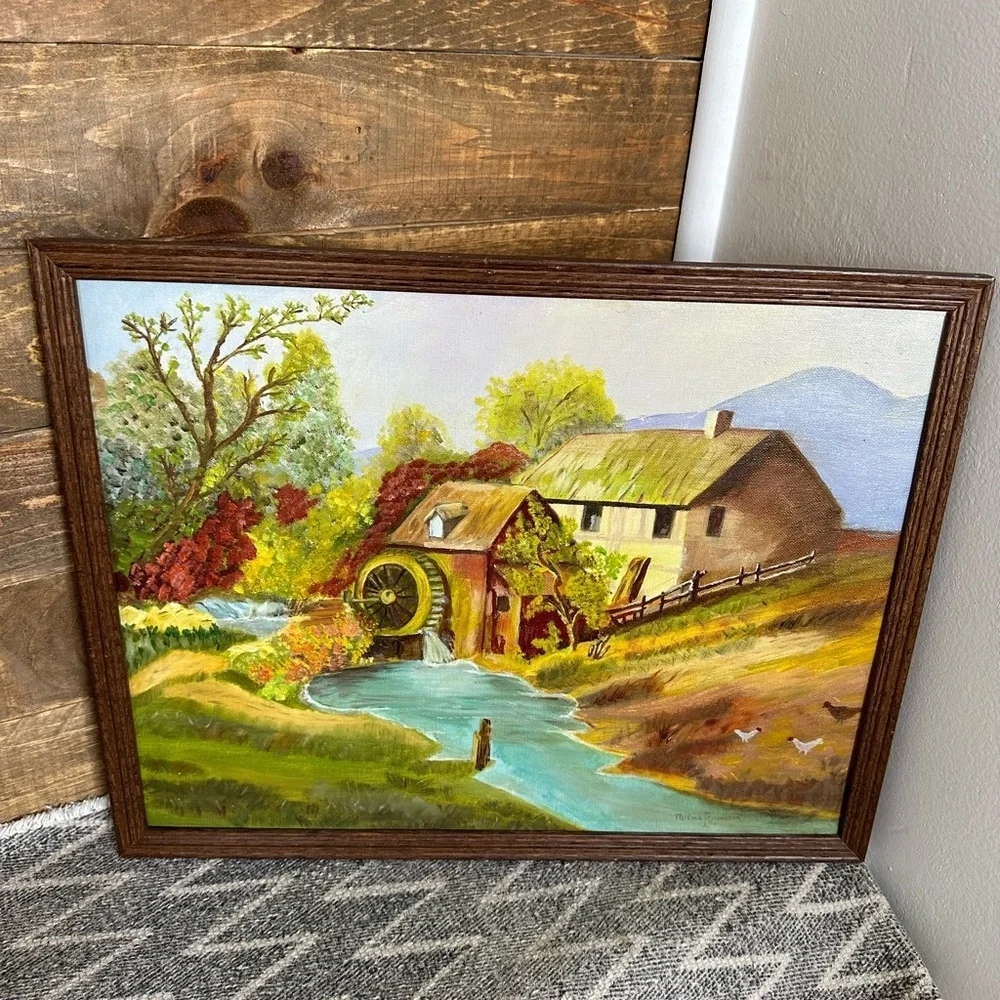 Vintage Rustic Land Scape Water Mill Original Painting Signed original frame